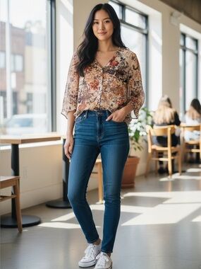 Jeans by Buffalo Women’s Floral Boho Tunic Blouse Size L 3/4 Balloon Sleeve Top